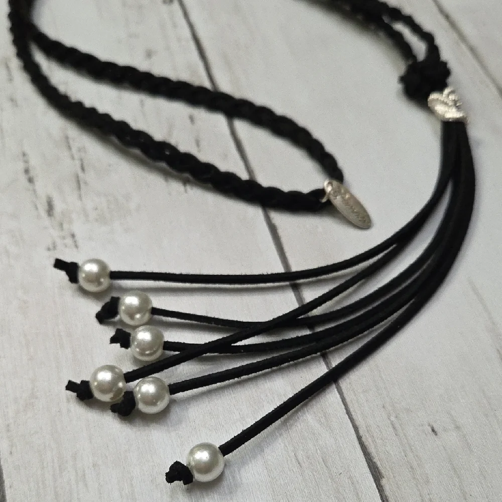 Plunder Black Tassel Necklace with Pearl Accents